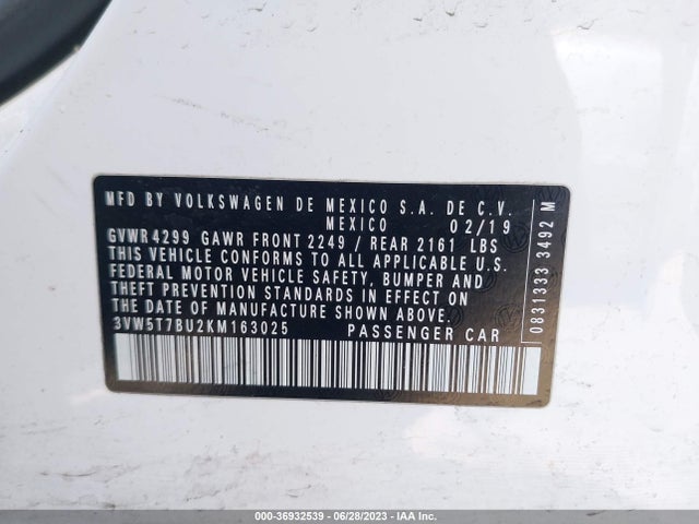 2019 VOLKSWAGEN JETTA GLI S VIN: 3VW5T7BU2KM163025