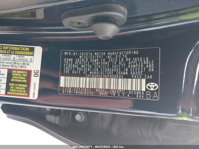 2019 TOYOTA COROLLA L/LE/SE/XLE/XSE VIN: 5YFBURHEXKP939604