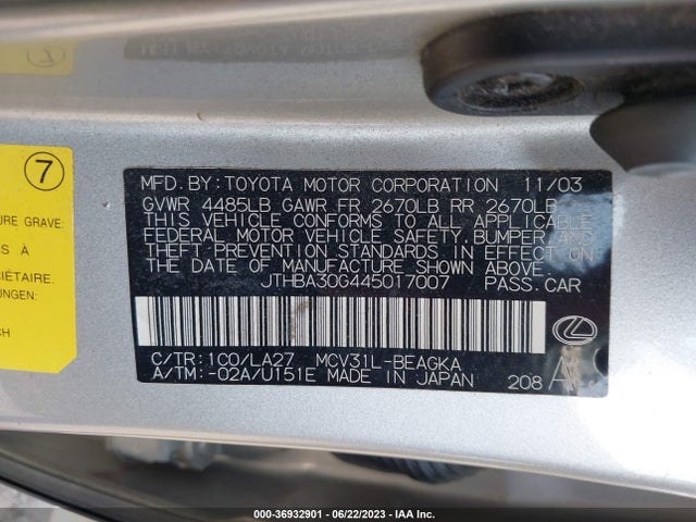 2004 LEXUS ES 330 VIN: JTHBA30G445017007