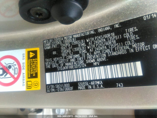 Aukcja sprzedaży 2014 Toyota Highlander Xle, vin: 5TDJKRFH8ES015124, numer aukcji: 36932972
