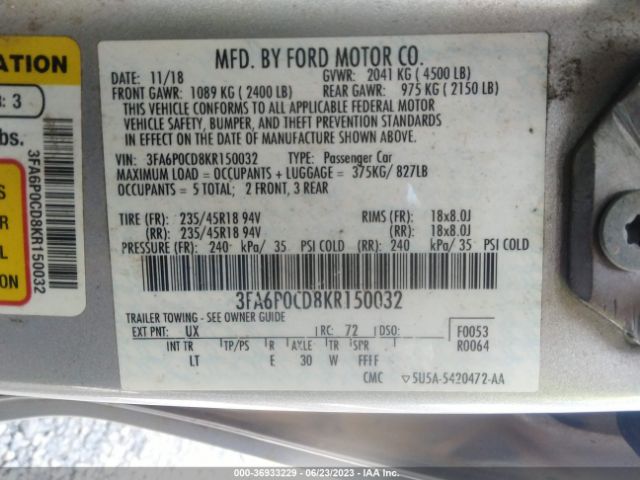 3FA6P0CD8KR150032 Ford FUSION SEL