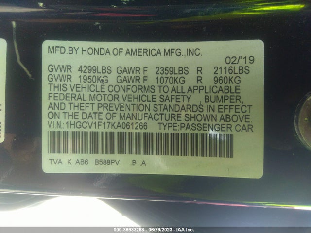 2019 HONDA ACCORD SEDAN LX 1.5T VIN: 1HGCV1F17KA061266