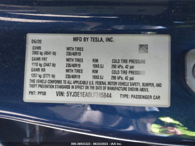 5YJ3E1EA0LF745844 Tesla Model 3 Standard Range
