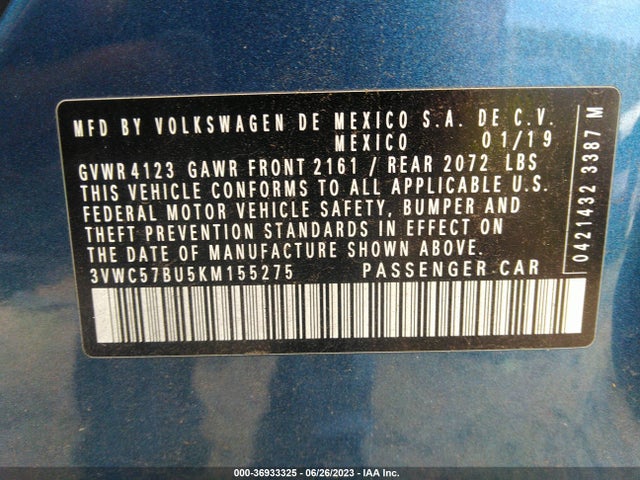 3VWC57BU5KM155275 Volkswagen Jetta S/se/r-line