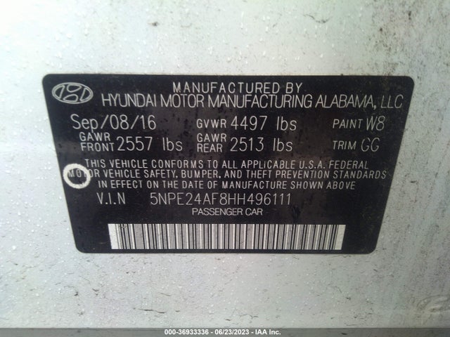 2017 HYUNDAI SONATA SE VIN: 5NPE24AF8HH496111