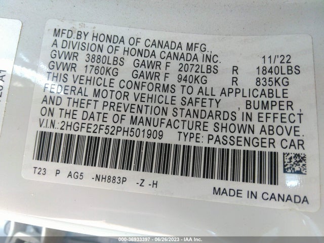 2023 HONDA CIVIC SEDAN SPORT VIN: 2HGFE2F52PH501909