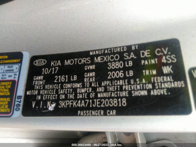 3KPFK4A71JE203818 KIA FORTE LX