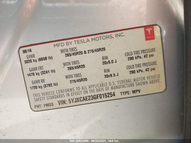 5YJXCAE23GF015254 Tesla Model X 70d/90d/75d/60d