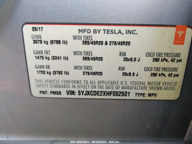 Tesla Model X 90d/75d/100d 2017 5YJXCDE2XHF052501 Image 9
