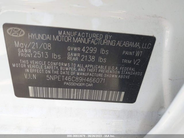 2009 HYUNDAI SONATA GLS VIN: 5NPET46C89H466071