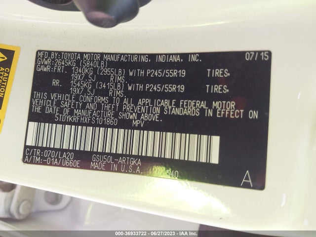 Toyota Highlander Limited 2015 5TDYKRFHXFS101860 Image 15