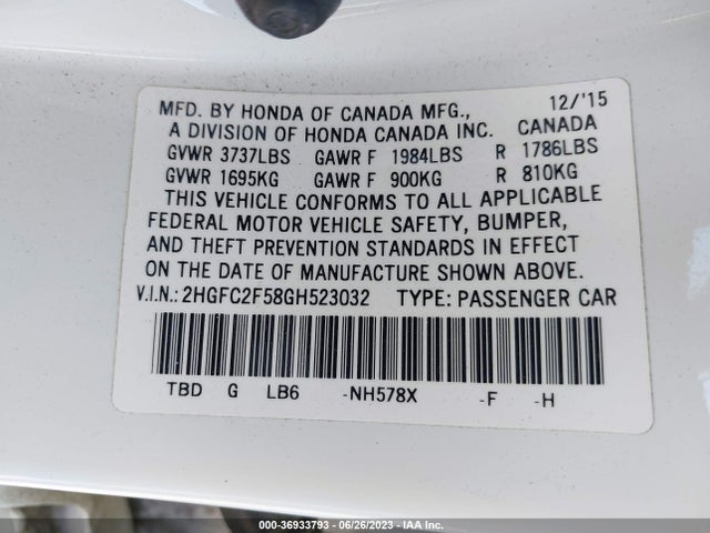 Honda Civic Sedan Lx 2016 2HGFC2F58GH523032 Image 9