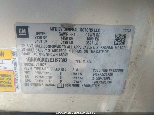 Chevrolet Traverse Lt 2014 1GNKVGKD2EJ197393 Image 9