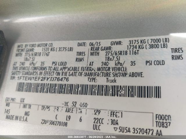 1FTEW1EF2FKD76476 Ford F-150 Xlt/xl/lariat/platinum