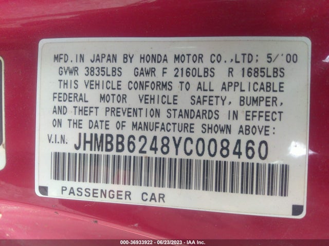 2000 HONDA PRELUDE VIN: JHMBB6248YC008460