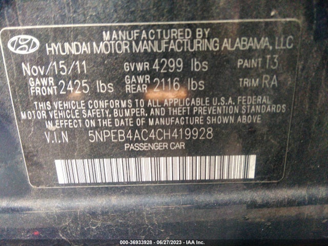 2012 HYUNDAI SONATA GLS PZEV VIN: 5NPEB4AC4CH419928