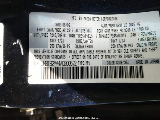 2010 MAZDA CX-9 TOURING VIN: JM3TB2MA4A0200572