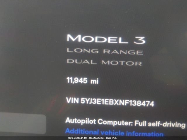 5YJ3E1EBXNF138474 Tesla Model 3 Long Range