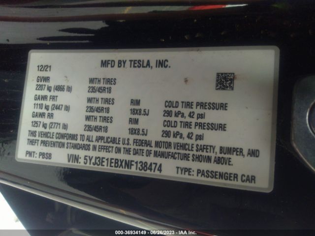 5YJ3E1EBXNF138474 Tesla Model 3 Long Range