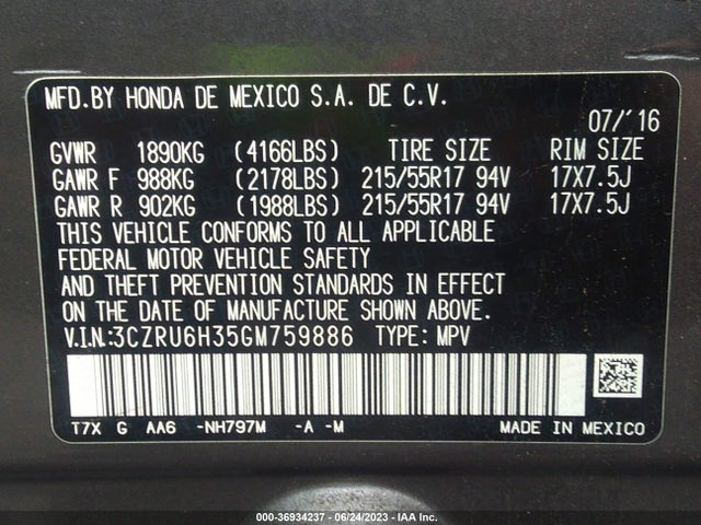 Honda HR-V LX 2016 3CZRU6H35GM759886 Image 9