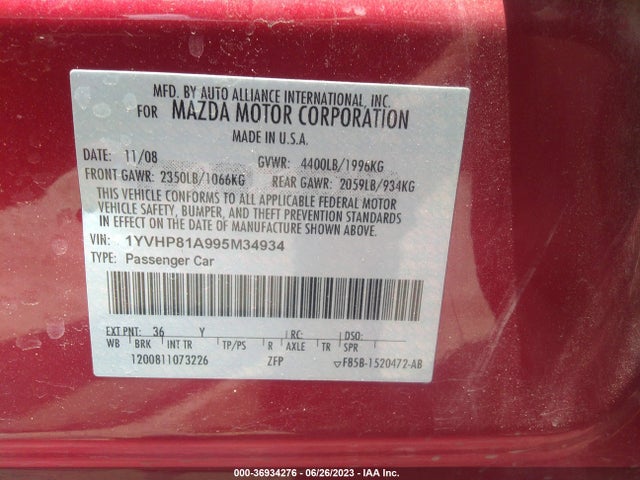 Aukcja sprzedaży 2009 Mazda Mazda6 I Sport, vin: 1YVHP81A995M34934, numer aukcji: 36934276