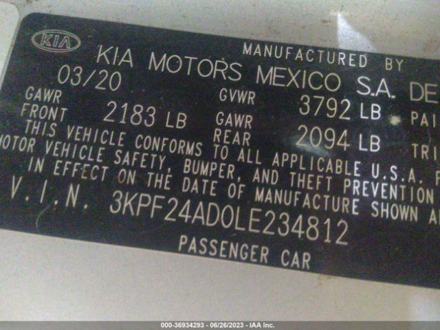 3KPF24AD0LE234812 KIA Forte Lxs