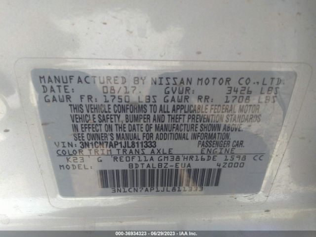3N1CN7AP1JL811333 Nissan Versa Sedan Sv