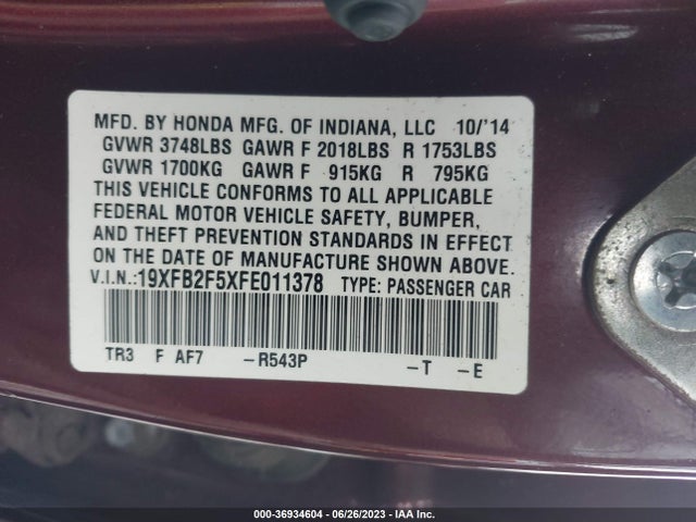 Honda Civic Sedan Lx 2015 19XFB2F5XFE011378 Image 9