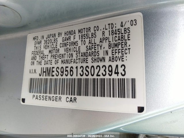 2003 HONDA CIVIC HYBRID VIN: JHMES95613S023943