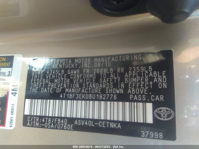 2011 TOYOTA CAMRY VIN: 4T1BF3EK0BU182776