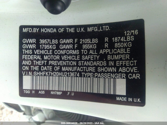 Honda Civic Hatchback Lx 2017 SHHFK7H20HU213674 Image 9