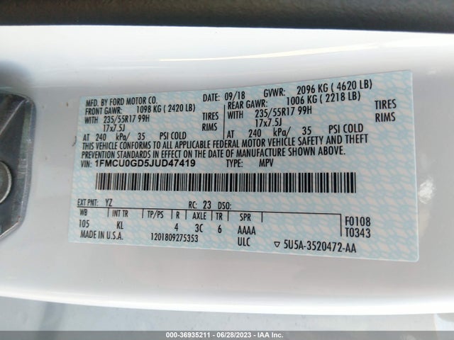 2018 FORD ESCAPE SE VIN: 1FMCU0GD5JUD47419