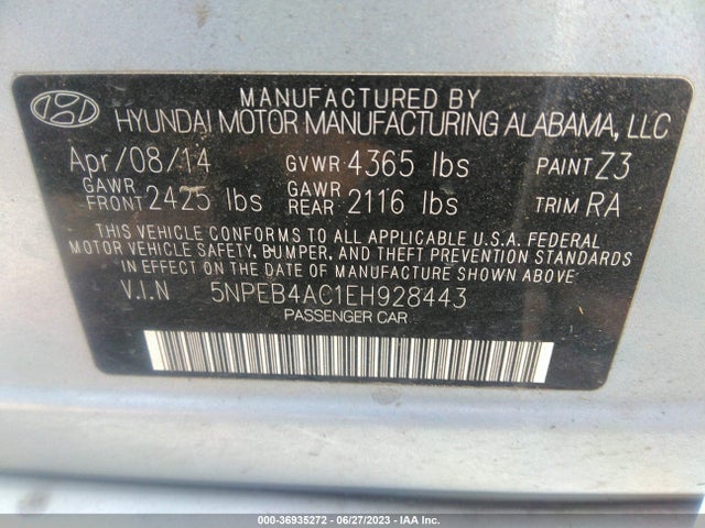 2014 HYUNDAI SONATA GLS VIN: 5NPEB4AC1EH928443