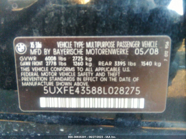 2008 BMW X5 3.0SI VIN: 5UXFE43588L028275