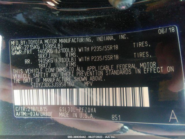 5TDYZ3DC3JS958160 Toyota Sienna Xle Auto Access