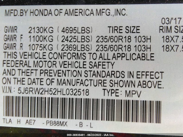 Honda CR-V EX 2017 5J6RW2H52HL032518 Image 9