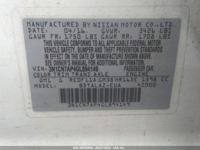 3N1CN7AP4GL894149 Nissan Versa S Plus
