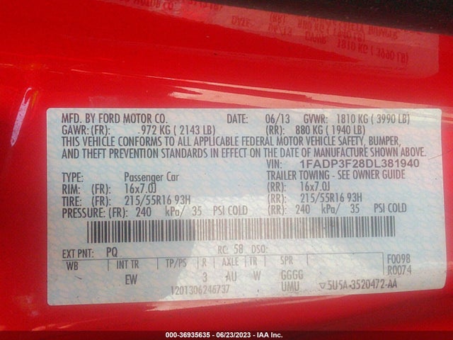 2013 FORD FOCUS SE VIN: 1FADP3F28DL381940