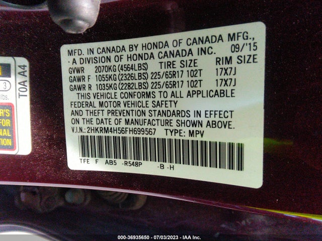 Honda CR-V EX 2015 2HKRM4H56FH699567 Image 9