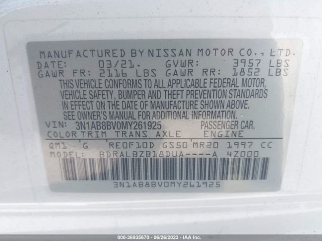 3N1AB8BV0MY261925 Nissan SENTRA S