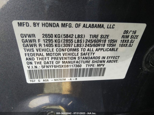 Honda Pilot Ex-l 2016 5FNYF6H5XGB117360 Image 9