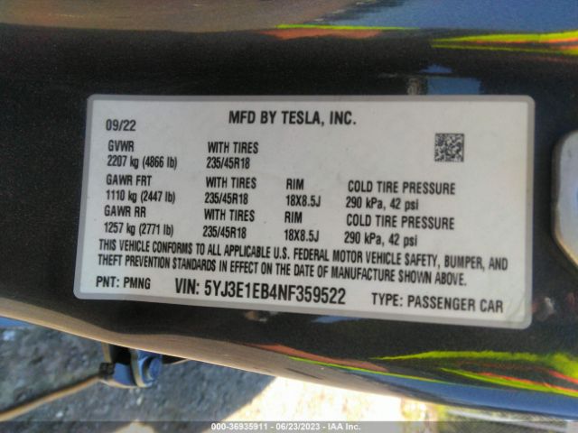 5YJ3E1EB4NF359522 Tesla Model 3 Long Range