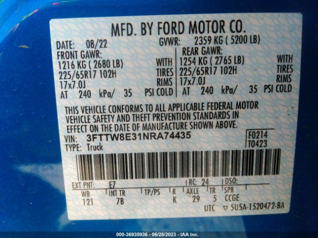 3FTTW8E31NRA74435 Ford Maverick Xl/xlt/lariat