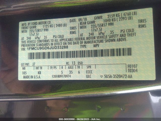 1FMCU9GD6JUD33288 Ford ESCAPE SE