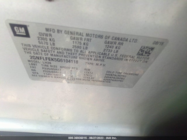 Chevrolet EQUINOX LT 2016 2GNFLFEK5G6104118 Image 15