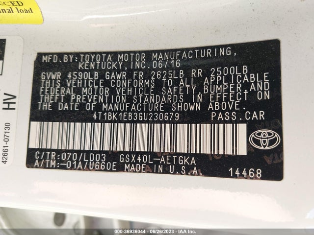2016 TOYOTA AVALON LIMITED/TOURING/XLE VIN: 4T1BK1EB3GU230679
