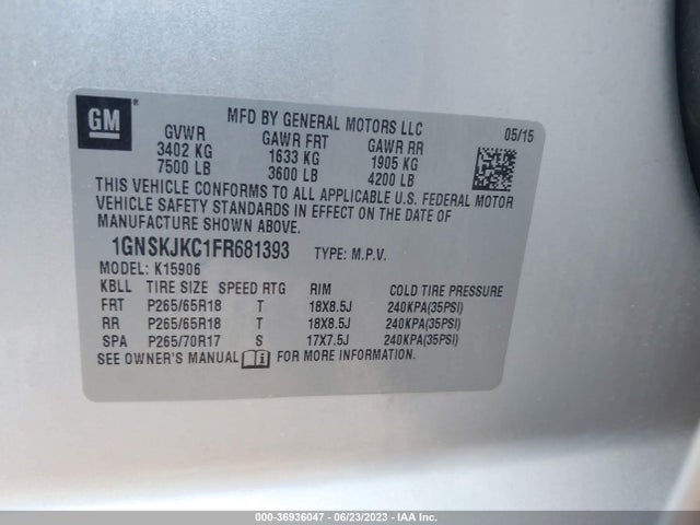 Chevrolet Suburban Lt 2015 1GNSKJKC1FR681393 Image 15