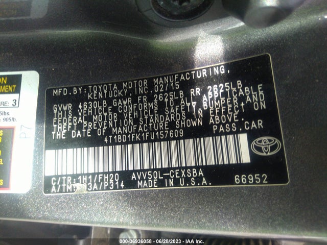 2015 TOYOTA CAMRY HYBRID SE VIN: 4T1BD1FK1FU157609
