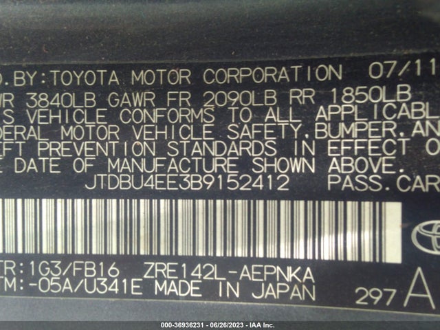 36936231 :رقم المزاد ، JTDBU4EE3B9152412 vin ، 2011 Toyota Corolla L/le/s مزاد بيع