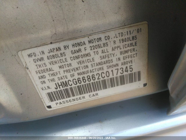 2002 HONDA ACCORD SDN SE/EX/EX W/LEATHER VIN: JHMCG66862C017345